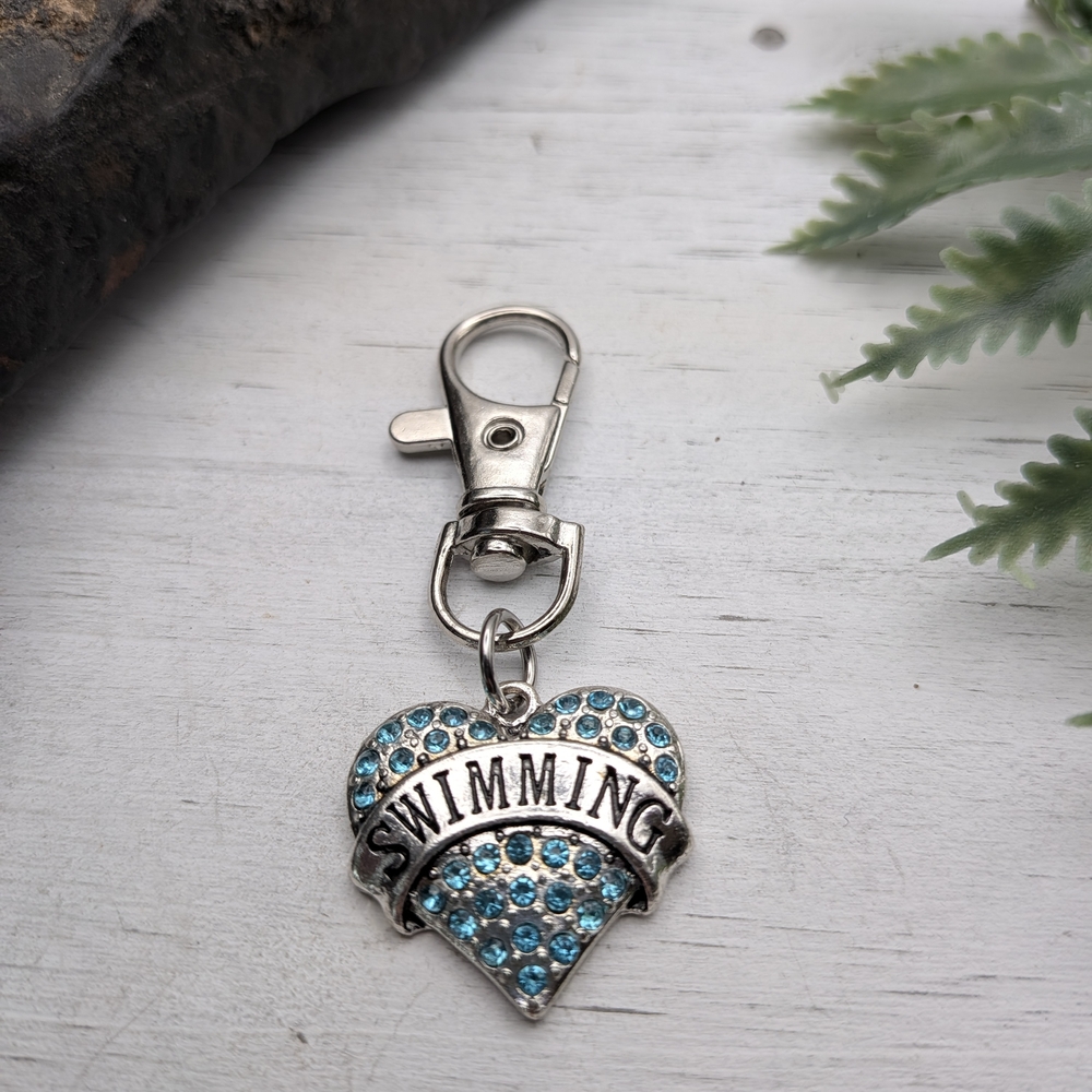 Silver Heart 'SWIMMING' Keychain with Blue Crystals / Bag Charm
